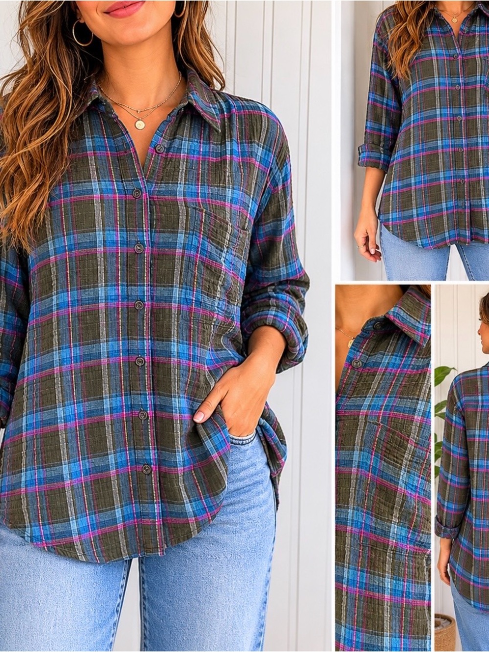 Antropologie Pilcro  Women Olive Plaid Shirt with Blue  Stripes Size S.